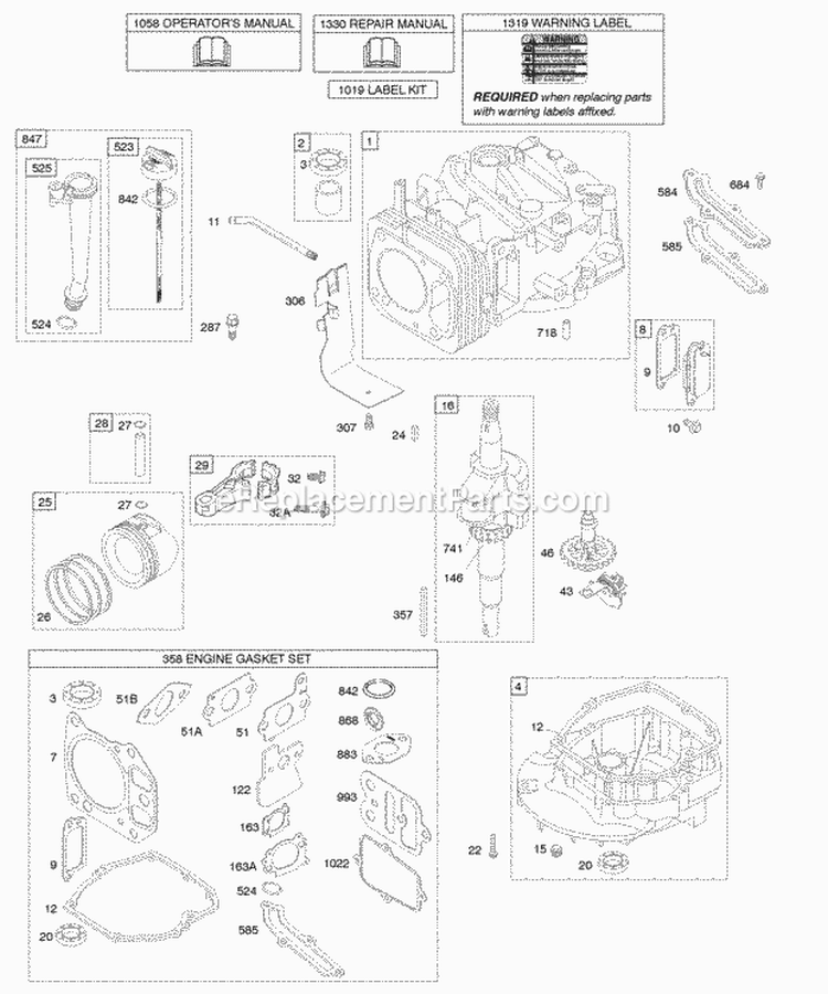 Camshaft Crankshaft Cylinder Engine Sump Lubrication Piston Group Diagram and Parts List for 126602-0146-E1  Briggs and Stratton Engine